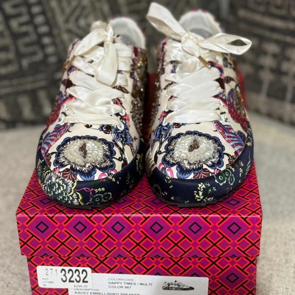Tory Burch White Multicolor Embellished Floral Satin Sneakers